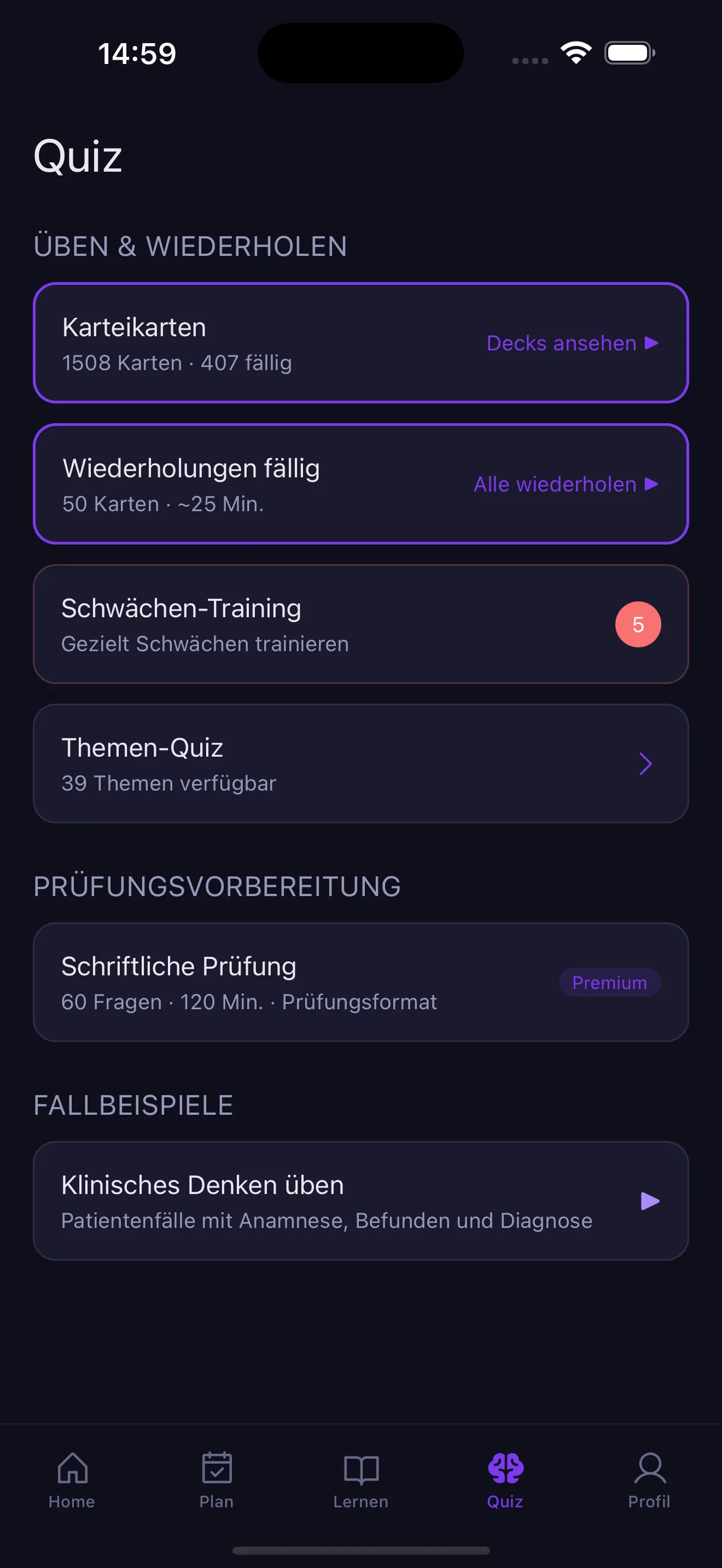 Quiz-Center mit mehreren Übungsmodi