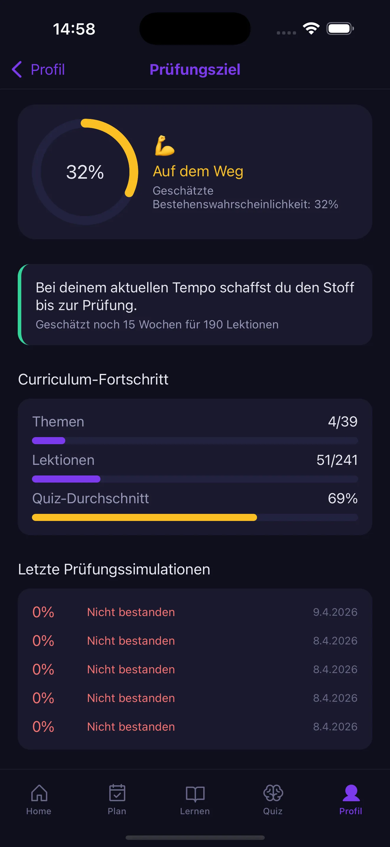Prüfungsbereitschaft mit Bestehenswahrscheinlichkeit und Simulations-Historie