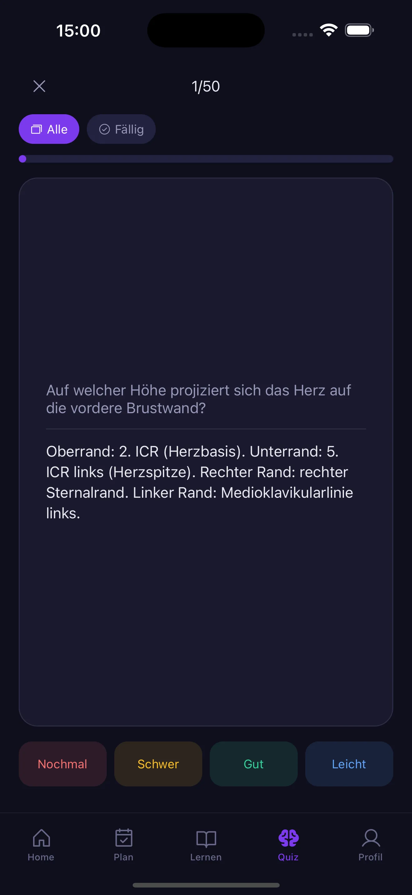 Karteikarte mit Frage, Antwort und Bewertung